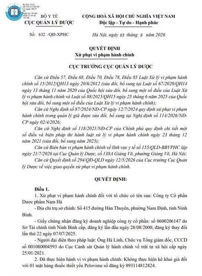 Quyết định xử phạt số 632/QĐ-XPHC của Cục Quản lý Dược. Ảnh chụp màn hình.