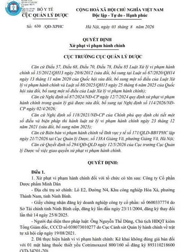 Quyết định xử phạt số 630/QĐ-XPHC của Cục Quản lý Dược. Ảnh chụp màn hình.