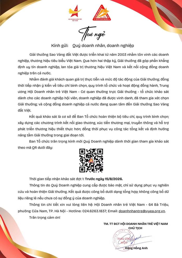 Thư ngỏ của Hội Doanh nhân trẻ Việt Nam.