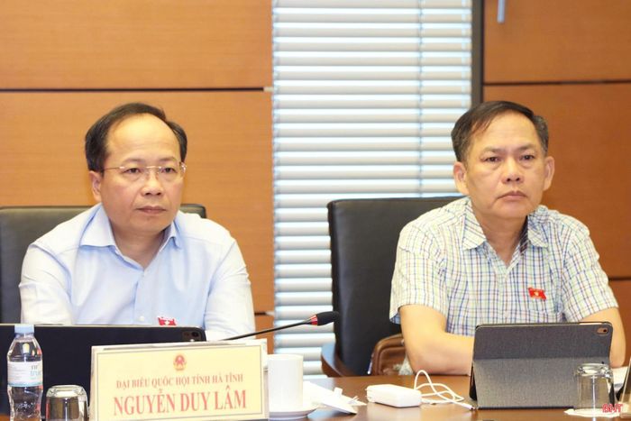 Đồng chí Nguyễn Duy Lâm - Ủy viên Ban Chấp hành Trung ương Đảng, Bí thư Tỉnh ủy, Trưởng đoàn ĐBQH tỉnh Hà Tĩnh và đồng chí Trần Đình Gia - Phó Trưởng đoàn chuyên trách Đoàn ĐBQH Hà Tĩnh tham gia phiên thảo luận tổ.