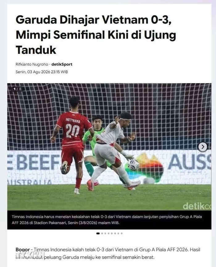 Theo tờ DetikSport (Indonesia), thất bại này khiến giấc mơ vào bán kết của Indonesia trở nên mong manh hơn bao giờ hết, còn Merah Putih thống kê đây là một trong những thất bại nặng nề nhất của Indonesia trước Việt Nam trong lịch sử các kỳ ASEAN Cup. (Ảnh: TTXVN phát)