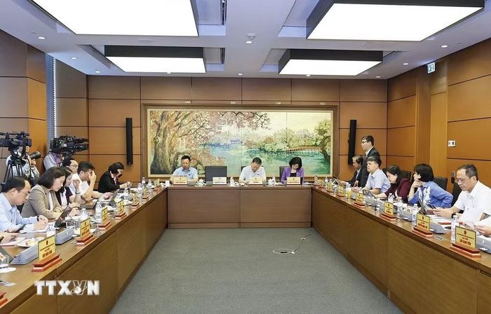 Đoàn đại biểu Quốc hội thành phố Hà Nội thảo luận ở tổ. (Ảnh: Doãn Tấn/TTXVN)