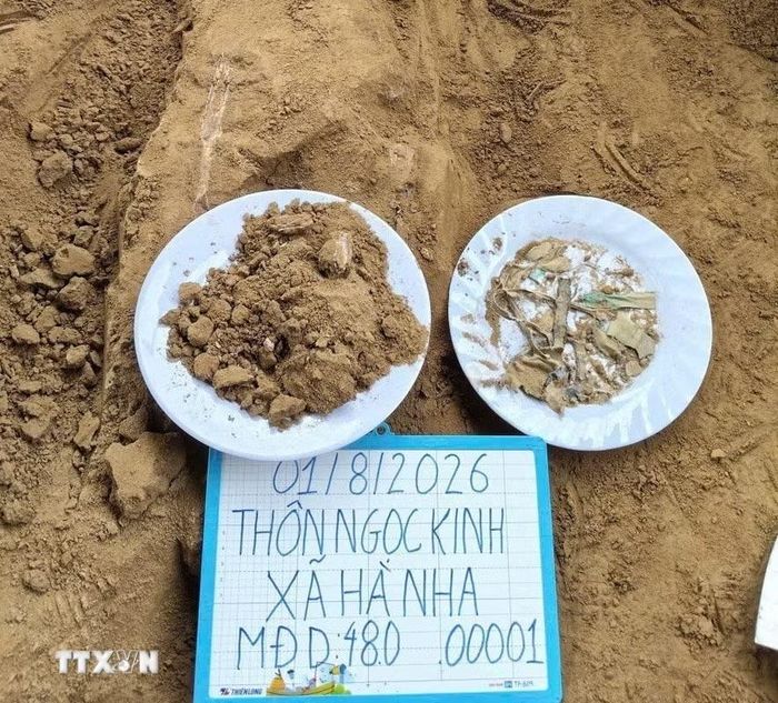 Các di vật và mẫu xương được tìm thấy tại thôn Ngọc Kinh, xã Hà Nha. (Ảnh: TTXVN phát)