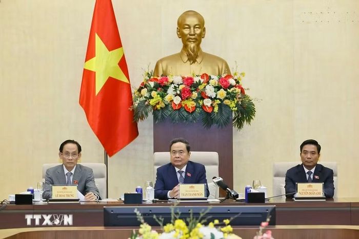 Chủ tịch Quốc hội Trần Thanh Mẫn gặp mặt lãnh đạo Bộ Ngoại giao, các đại sứ, trưởng cơ quan đại diện ngoại giao Việt Nam ở nước ngoài. (Ảnh: Doãn Tấn/TTXVN)