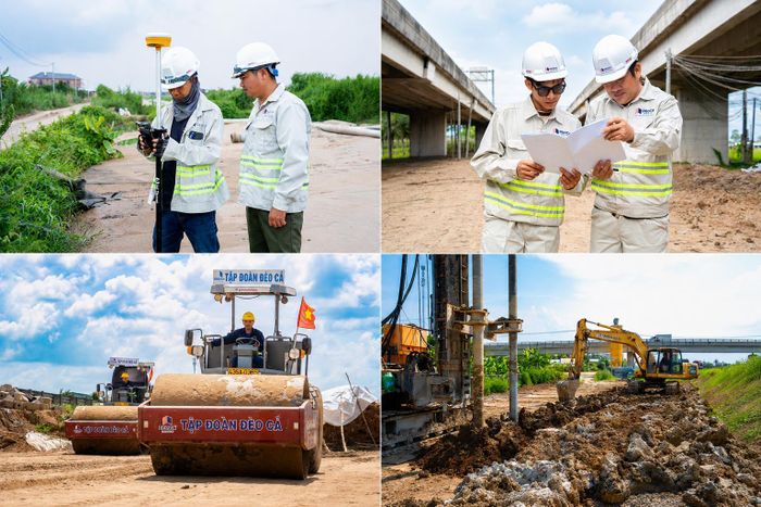 Cán bộ kỹ thuật trao đổi bản vẽ, rà soát phương án thi công tại khu vực mở rộng tuyến cao tốc.