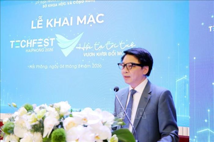Giám đốc Sở Khoa học và Công nghệ thành phố Hải Phòng Nguyễn Cao Thắng phát biểu tại diễn đàn. Ảnh: Mạnh Tú/TTXVN