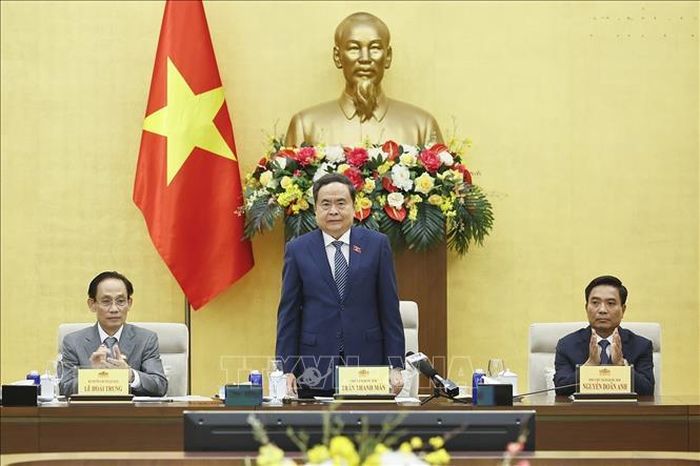 Chủ tịch Quốc hội Trần Thanh Mẫn gặp mặt lãnh đạo Bộ Ngoại giao, các đại sứ, trưởng cơ quan đại diện ngoại giao Việt Nam ở nước ngoài. Ảnh: Doãn Tấn/TTXVN