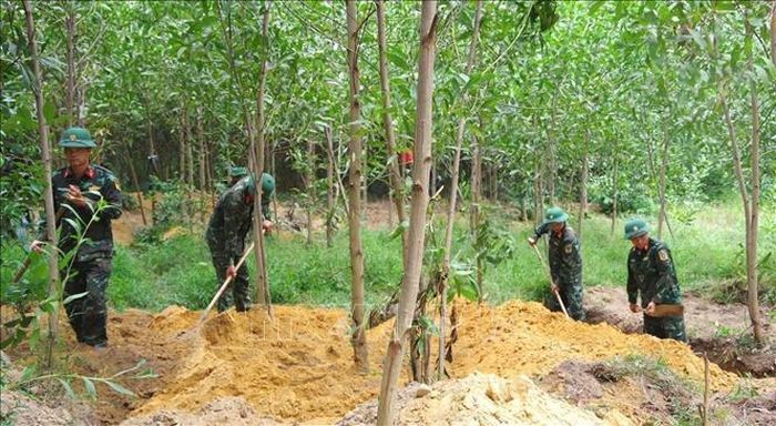 Đội 584, Đội 589 (Bộ Chỉ huy Quân sự tỉnh Quảng Trị) cùng các lực lượng liên quan tìm kiếm tại những vị trí có dấu hiệu nghi vấn. Ảnh: TTXVN phát