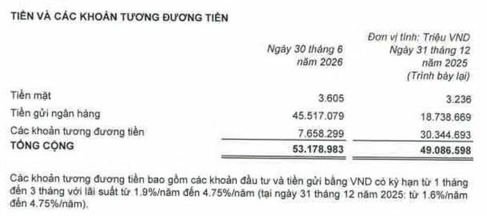 Tiền gửi ngân hàng Vinhomes tăng mạnh. Nguồn: Thuyết minh BCTC.