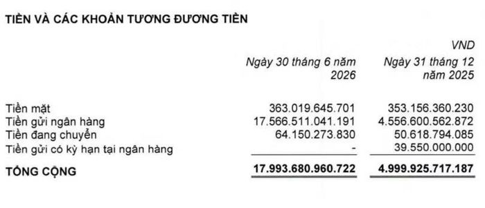 Tiền gửi ngân hàng MWG tăng mạnh. Nguồn: Thuyết minh BCTC.