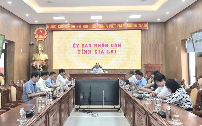 Phó Chủ tịch UBND tỉnh Dương Mah Tiệp và lãnh đạo các sở, ngành liên quan dự hội nghị tại điểm cầu UBND tỉnh Gia Lai. Ảnh: Hồng Thương