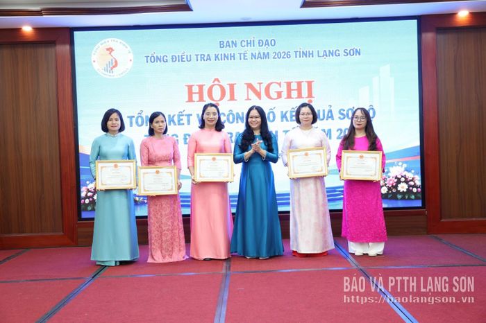 Lãnh đạo Thống kê tỉnh trao giấy khen cho đại diện các tập thể