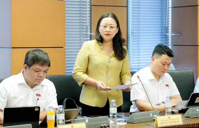 Đại biểu Giàng Thị Dung - Phó Bí thư Tỉnh ủy, Trưởng Đoàn đại biểu Quốc hội tỉnh Lào Cai tham gia thảo luận tại tổ về dự án Luật Phổ biến, giáo dục pháp luật (sửa đổi).