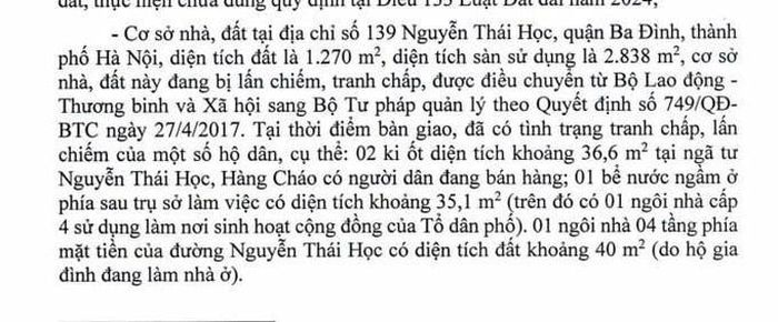  Thanh tra chỉ ra cơ sở nhà đất tại tại 139 Nguyễn Thái Học có diện tích 1.270 m2 đang bị lấn chiếm, tranh chấp nhiều năm chưa xử lý được. 
