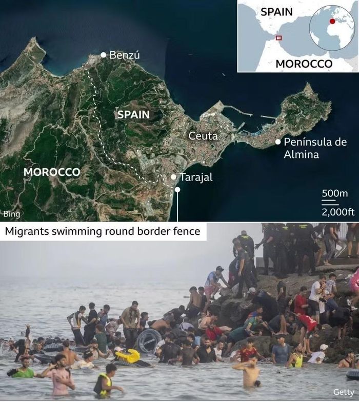  Cảnh người di cư bơi từ Morocco sang vùng lãnh thổ Ceuta của Tây Ban Nha. Đồ họa: Bing/Getty/BBC 