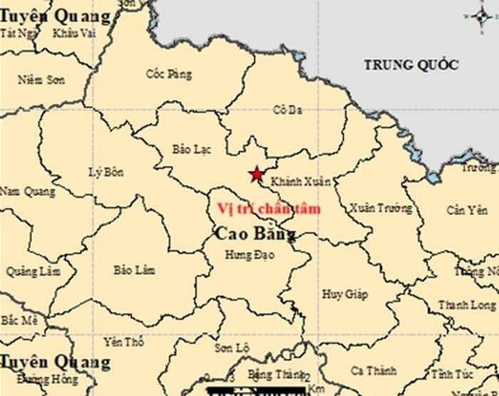Bản đồ chấn tâm trận động đất ở xã Bảo Lạc chiều 3/8. Ảnh: Viện Các khoa học Trái đất