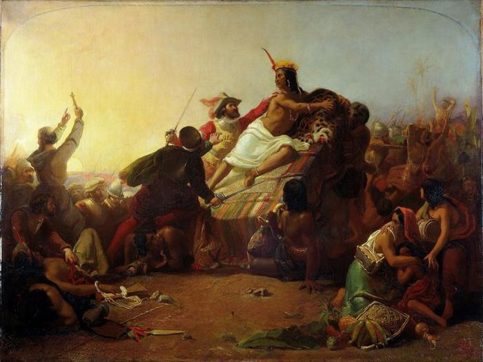 Quân Tây Ban Nha của nhà chinh phục Francisco Pizzaro lật đổ Đế chế Inca (tranh vẽ của John Everett Millais vào khoảng thế kỷ 19). Nguồn: Wikimedia Commons