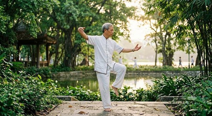 Các bài tập dưỡng sinh giúp người bệnh viêm gan linh hoạt hơn, ngủ ngon hơn và giảm cảm giác mệt mỏi. Ảnh: AI.