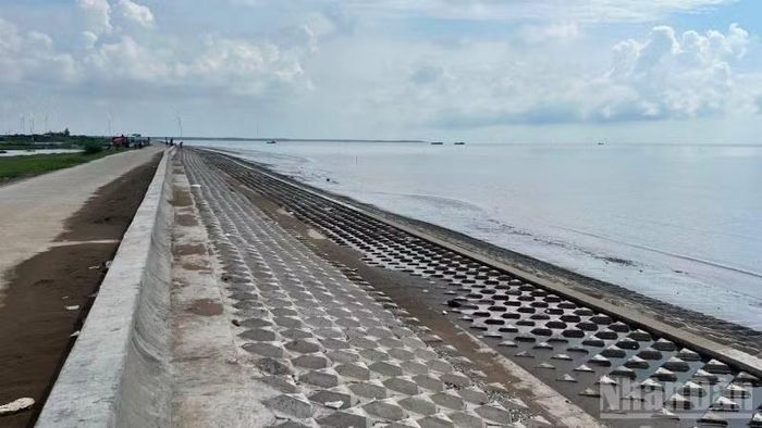 Bờ kè chống sạt lở ven biển xã Bảo Thạnh phát huy hiệu quả bảo vệ đất sản xuất của người dân.