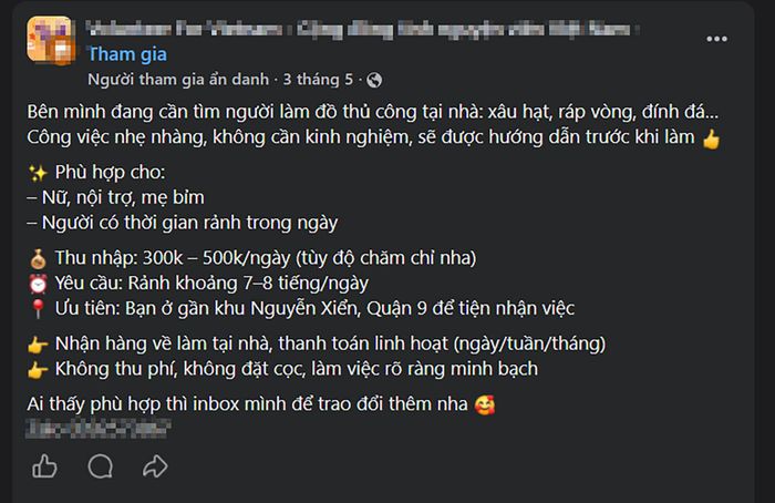 Một mẩu đăng tìm người gia công tại nhà xuất hiện ở nhiều hội nhóm trên mạng xã hội. Ảnh chụp màn hình
