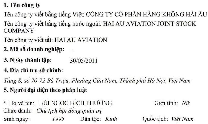 Bà Phương làm Chủ tịch Hội đồng quản trị Công ty CP Hàng không Hải Âu.
