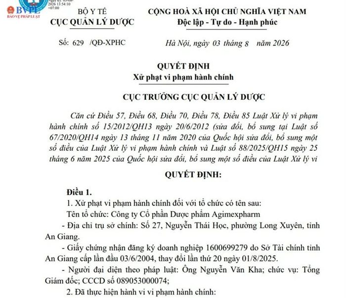 Quyết định xử phạt vi phạm hành chính đối với Công ty Cổ phần Dược phẩm Agimexpharm. (Ảnh:MP)
