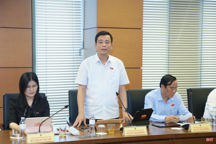Đại biểu Nguyễn Thành Đồng - Ủy viên Ban Thường vụ Tỉnh ủy, Chủ tịch Ủy ban MTTQ tỉnh Hà Tĩnh phát biểu tại phiên thảo luận.