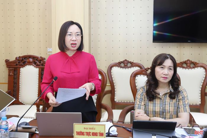 Trưởng ban Kinh tế - Ngân sách HĐND tỉnh Nguyễn Thị Thúy Nga phát biểu tại buổi làm việc.