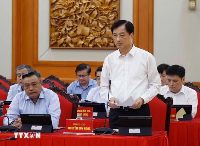 Đồng chí Nguyễn Duy Ngọc, Ủy viên Bộ Chính trị, Bí thư Trung ương Đảng, Trưởng Ban Tổ chức Trung ương, Phó Trưởng Ban Thường trực Ban Chỉ đạo phát biểu. (Ảnh: Thống Nhất/TTXVN)