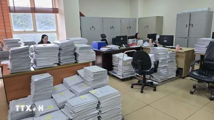 Khối lượng hồ sơ khủng được rà soát, phục vụ cho công tác làm sạch dữ liệu đất đai tỉnh Quảng Ninh. (Ảnh: Thanh Vân/TTXVN)