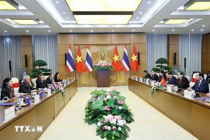 Chủ tịch Quốc hội Trần Thanh Mẫn hội đàm với Chủ tịch Quốc hội kiêm Chủ tịch Hạ viện Vương quốc Thái Lan Sophon Zaram. (Ảnh: Doãn Tấn/TTXVN)
