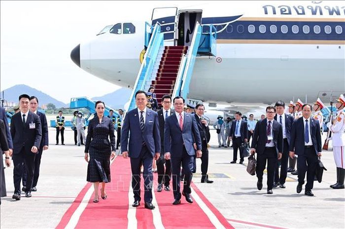 Ủy viên Trung ương Đảng, Bộ trưởng Dân tộc và Tôn giáo Nguyễn Đình Khang đón Thủ tướng Vương quốc Thái Lan Anutin Charnvirakul tại sân bay quốc tế Nội Bài (Hà Nội). Ảnh: Minh Đức/TTXVN