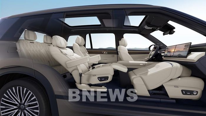 Nội thất Volkswagen ID. ERA 9X với nhiều trang bị cao cấp hạng thương gia có thể kế đến như chất liệu ghế da Nappa, chế độ Ghế Thoải Mái, massage, chức năng sưởi và làm mát ghế, đệm đỡ chân, 2 loa ở tựa đầu, chức năng hỗ trợ ra vào Easy Entry… 