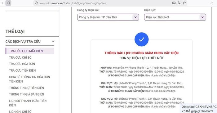 Lịch ngừng cấp điện tại Cần Thơ ngày mai 6/8 được cập nhật trên website của EVNSPC cập nhật lúc 14h48 ngày 5/8. Ảnh: BNEWS phát