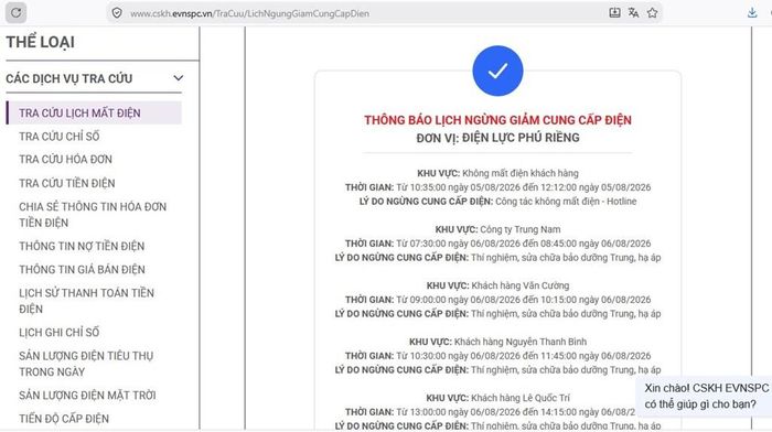 Lịch ngừng cấp điện tại Đồng Nai ngày mai 6/8 được cập nhật trên website của EVNSPC lúc 14h55h40 ngày 5/8. Ảnh: BNEWS phát
