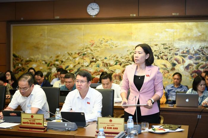 Bà Lê Kim Anh, Phó Chủ tịch Ủy ban MTTQ Việt Nam TP Hà Nội, Chủ tịch Hội LHPN TP Hà Nội, đại biểu Quốc hội đoàn TP Hà Nội, phát biểu. Ảnh: Như Ý