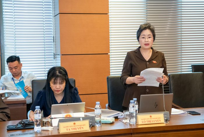 Đại biểu Lò Thị Luyến, Phó Trưởng đoàn ĐBQH tỉnh phát biểu tại phiên thảo luận.