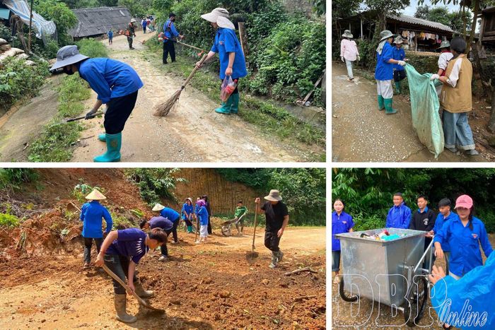 Đoàn viên thanh niên xã Pu Nhi ra quân dọn dẹp vệ sinh môi trường.