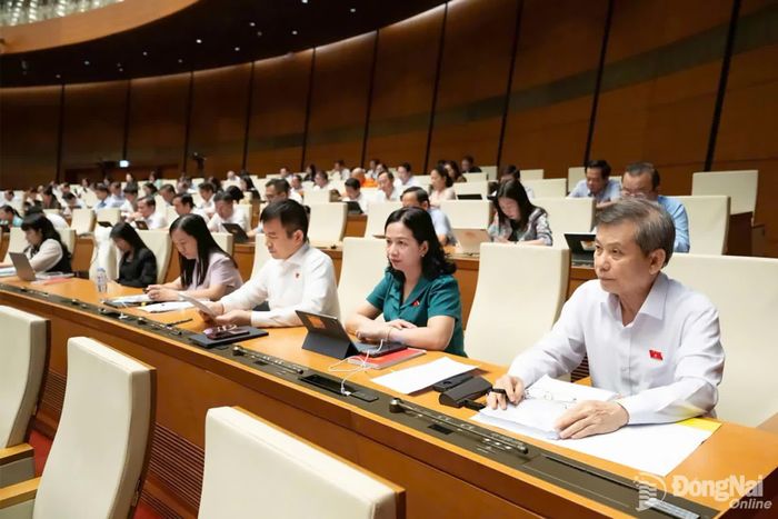 Đoàn Đại biểu Quốc hội thành phố Đồng Nai tham dự phiên thảo luận tại hội trường chiều 5-8. Ảnh: CTV