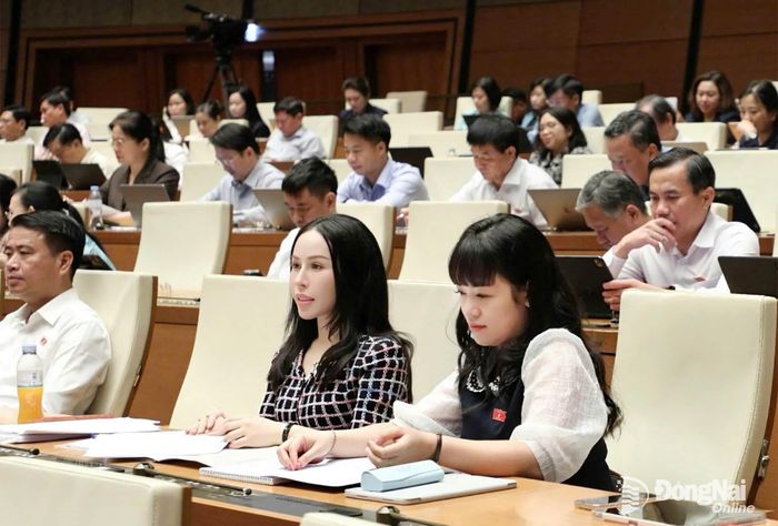 Đoàn Đại biểu Quốc hội thành phố Đồng Nai tham dự phiên thảo luận tại hội trường chiều 5-8. Ảnh: CTV