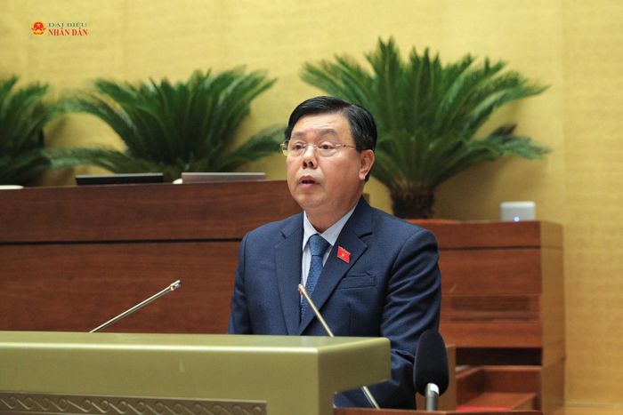 Bộ trưởng Bộ Nội vụ Nguyễn Tiến Hải trình bày Tờ trình về dự án Luật sửa đổi, bổ sung một số điều của Luật Người lao động Việt Nam đi làm việc ở nước ngoài theo hợp đồng. Ảnh: Hồ Long