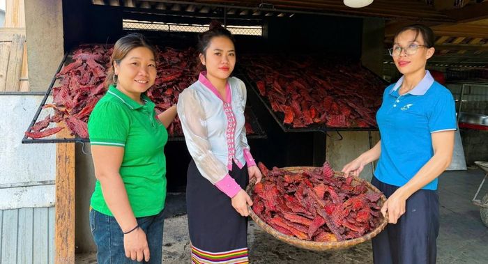 Được vay vốn từ NHCSXH, gia đình bà Vi Thị Thắm ở xã Bình Chuẩn, đã mạnh dạn đầu tư mở rộng sản xuất sản phẩm thịt lợn gác bếp.