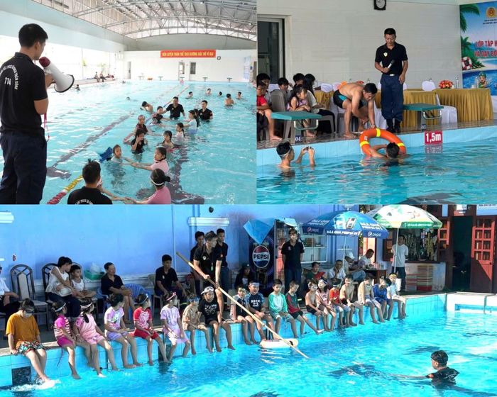 Cảnh sát PCCC và CNCH truyền dạy kỹ năng bơi lội an toàn cho học sinh.