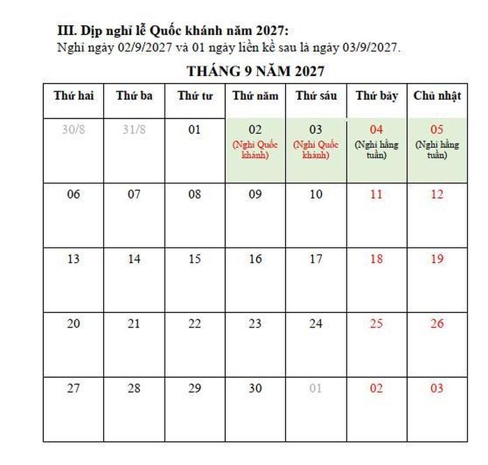 Lịch nghỉ lễ Quốc khánh năm 2027: Nghỉ ngày 2/9/2027 và ngày liền kề 3/9/2027. Nguồn: Bộ Nội vụ