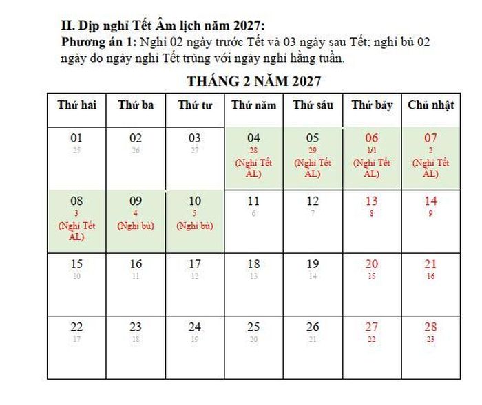 Lịch nghỉ Tết Âm lịch năm 2027 theo Phương án 1: Nghỉ 2 ngày trước Tết và 3 ngày sau Tết, kèm 2 ngày nghỉ bù (từ 4/2 đến 10/2/2027). Nguồn: Bộ Nội vụ