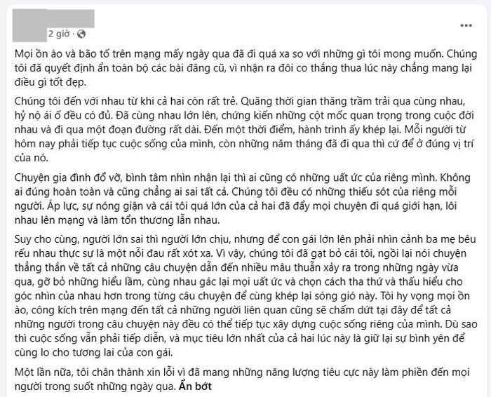 Chiều tối 1/8, B.A đăng bài thông báo khép lại ồn ào. Ảnh chụp màn hình.