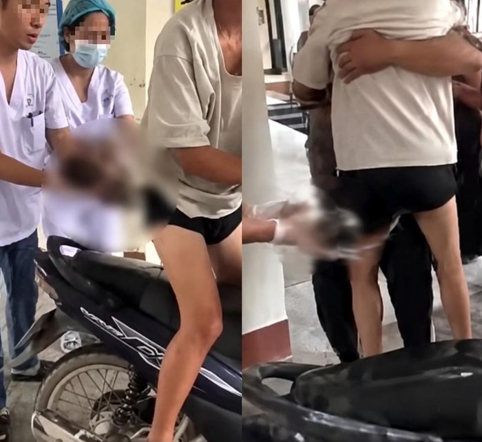 Hình ảnh sản phụ "đẻ rơi" ngay trên xe máy, dây rốn con còn nối với mẹ. Ảnh chụp màn hình