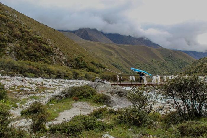  Một porter Nepal khuân cánh cửa qua cây cầu ở thung lũng Khumbu. 