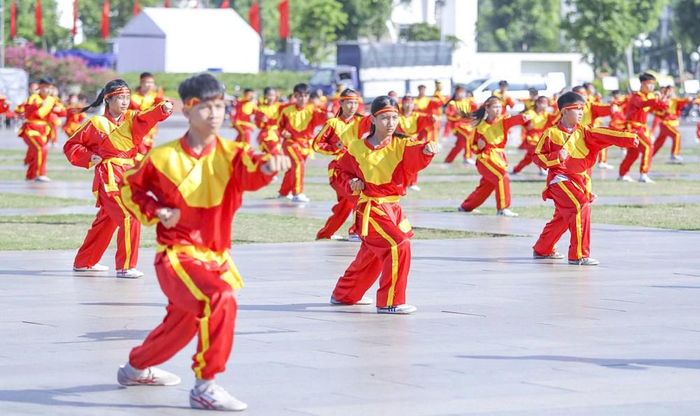 Tại Quảng trường Nguyễn Tất Thành, phường Quy Nhơn (tỉnh Gia Lai), hơn 1.000 võ sư, võ sinh tham gia đồng diễn võ thuật