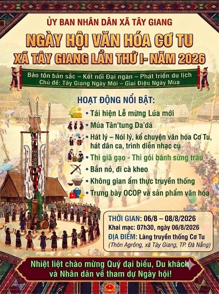 Với chủ đề "Tây Giang ngày mới - Giai điệu ngày mùa", sự kiện sẽ diễn ra từ ngày 6-8.8 với nhiều hoạt động tôn vinh văn hóa Cơ Tu